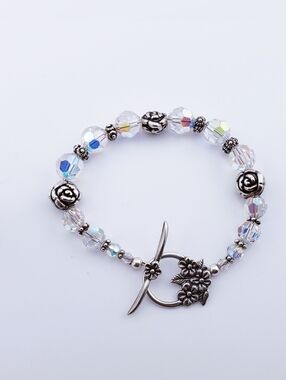 Sterling Silver AB Clear Crystal Beaded Bracelet with Floral Toggle Clasp